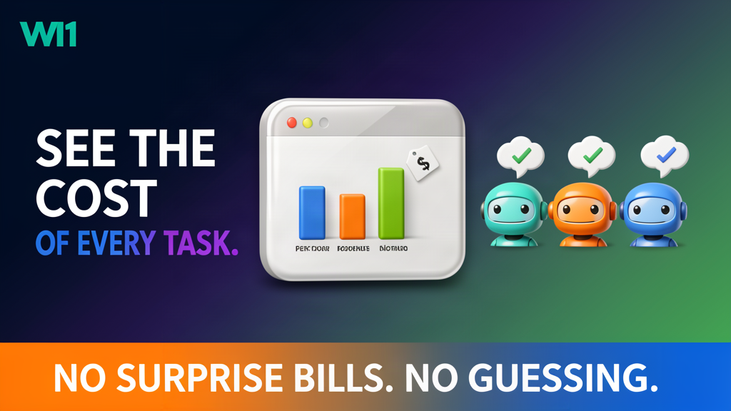 Supporting image cost tracking WI1 shows the cost of every task, with agents that ask before acting